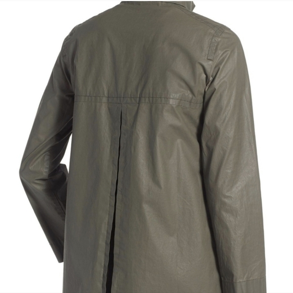 Eileen Fisher Olive Green Waxed Cotton Twill A-Line Jacket Hoodless - Size M - Picture 2 of 16